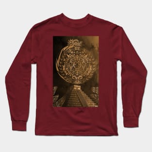 the aztec calendar in dragon quetzalcoatl night in brown Long Sleeve T-Shirt